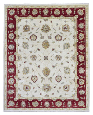 Indian Rug Hand Knotted Oriental Rug Large Fine Deep Red Ivory Peshawar Oriental Rug 8'x10'