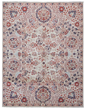 Pakistani Rug Hand Knotted Oriental Rug Fine Red White and Blue Silk Tabriz Area Rug 8'x10'