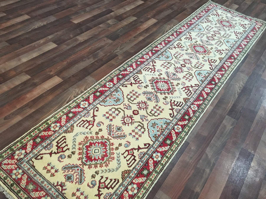 Beige and Red Fine Pakistan Kazak Runner Rug 2'6X10'2