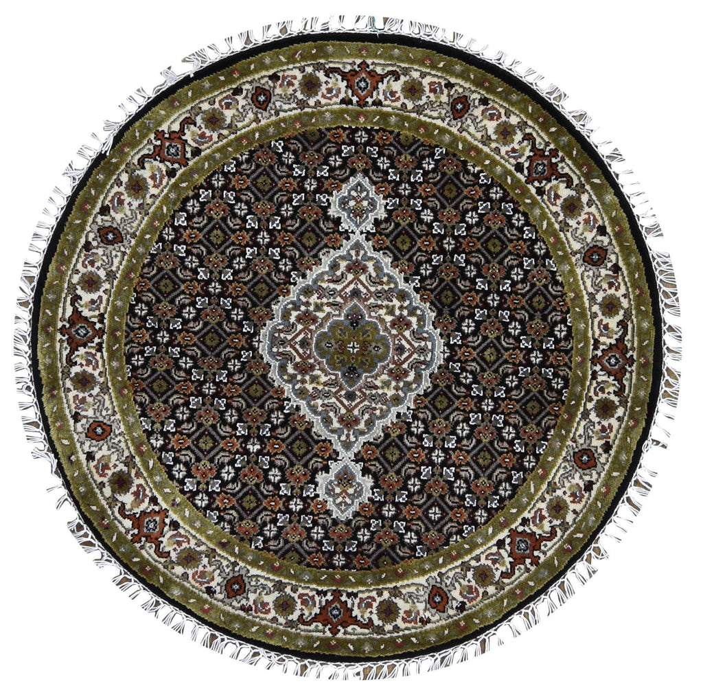 Olive, Black and Ivory Fine Tabriz w/ Silk Round Oriental Rug 3'4X3'4