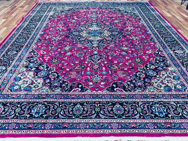 Persian Rug Hand Knotted Oriental Rug Large Semi-Antique Hot Pink Persian Kashan Rug 9'10x 12'8