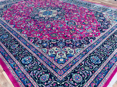 Persian Rug Hand Knotted Oriental Rug Large Semi-Antique Hot Pink Persian Kashan Rug 9'10x 12'8