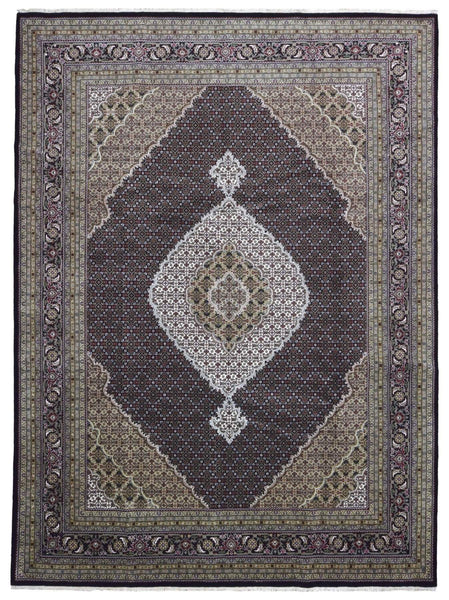 Olive, Beige and Black Fine Mahi Tabriz Rug With Silk 9'X12'